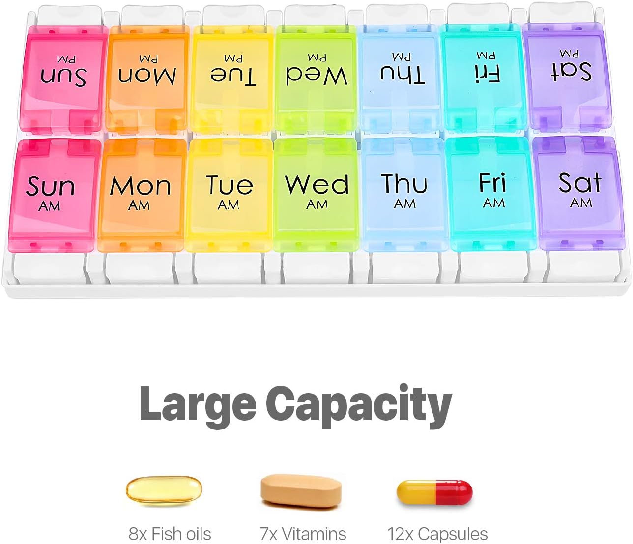 Flexzion AM PM Weekly Pill Organizer Box w/Push Button Design, Portable Color Coded Pill Tablet Vitamin Dispensers Reminders, 14 Compartment Slots Travel Medication Storage Case for Morning & Night: Health & Personal Care