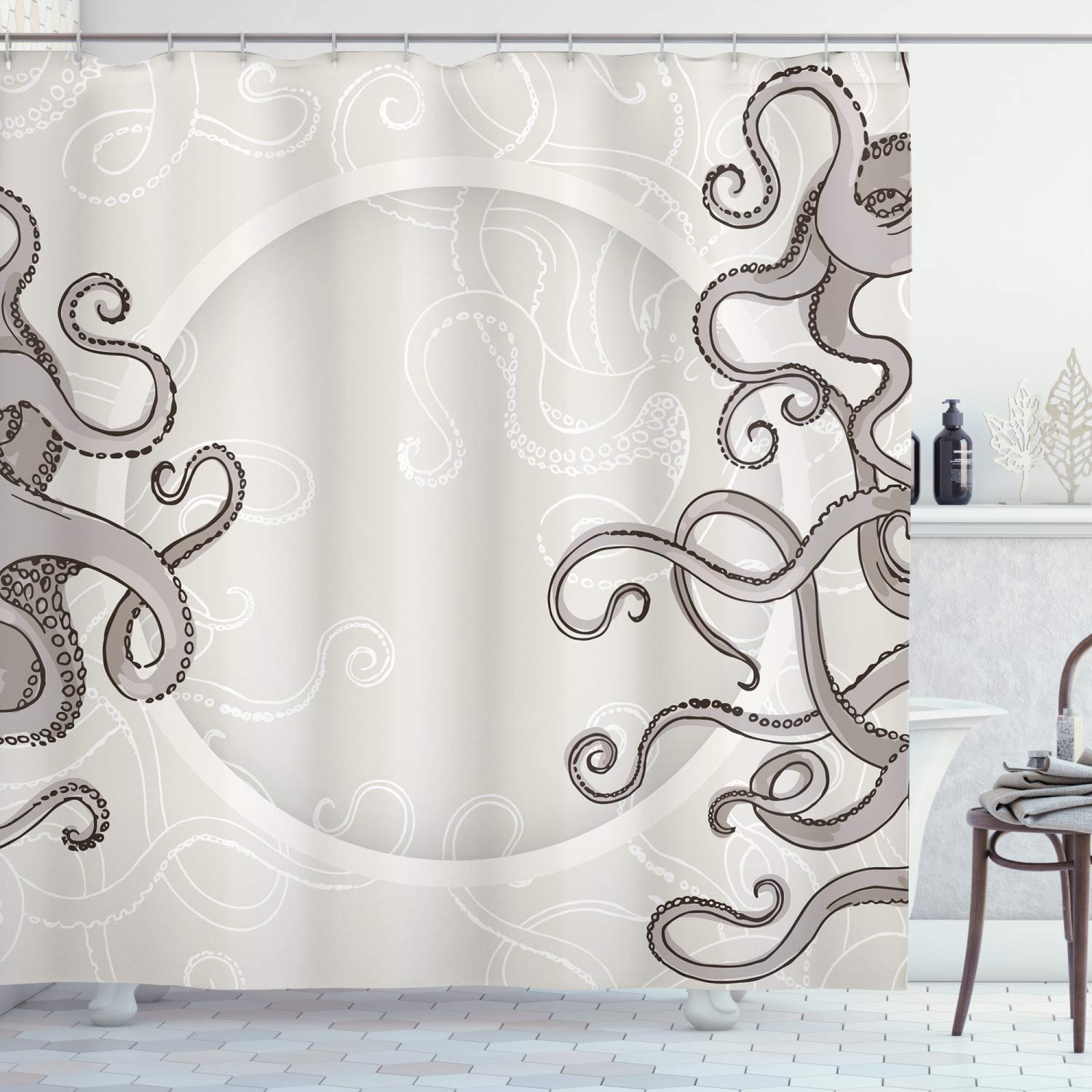ABAKUHAUS Kraken Shower Curtain, Fish Octopus Tentacles a Circular Shape Surreal Universe Treasure Beast Graphic, Cloth Fabric Bathroom Decor Set with Hooks, 175 x 200 cm, Dust Taupe