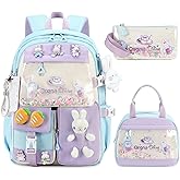 YTJGC Backpack for Girls Cute Bookbag Set with Lunch Box Pencil Case Kawaii Bunny School Backpacks for Girl 3 Pcs Kindergarten Elementary Preschool Middle Sequin School Bag for Girls (Blue)
