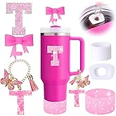 6PCS Pink Stanley Cup Accessories Set, Initials Decorations for Stanley Cup 30oz 40oz, Includes Bow Straw Topper, Handle Charm, Letter Sticker, Silicone Boot, Spill Proof Stopper (Letter T)