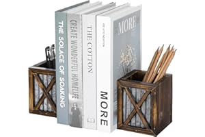 MyGift Rustic Decorative Bookends, Book Ends for Shelves with Pen Holder, for Home Office Classroom, Dorm Room, Desk, Burnt Wood with Corrugated Galvanized Metal Accent