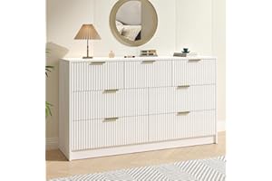 NOVAMAISON White 7 Drawer Dresser for Bedroom, 55” Wide Fluted Dresser with Gold Handles, Modern Chest of Drawer for Bedroom, Closet, Living Room, Entryway, Hallway, White