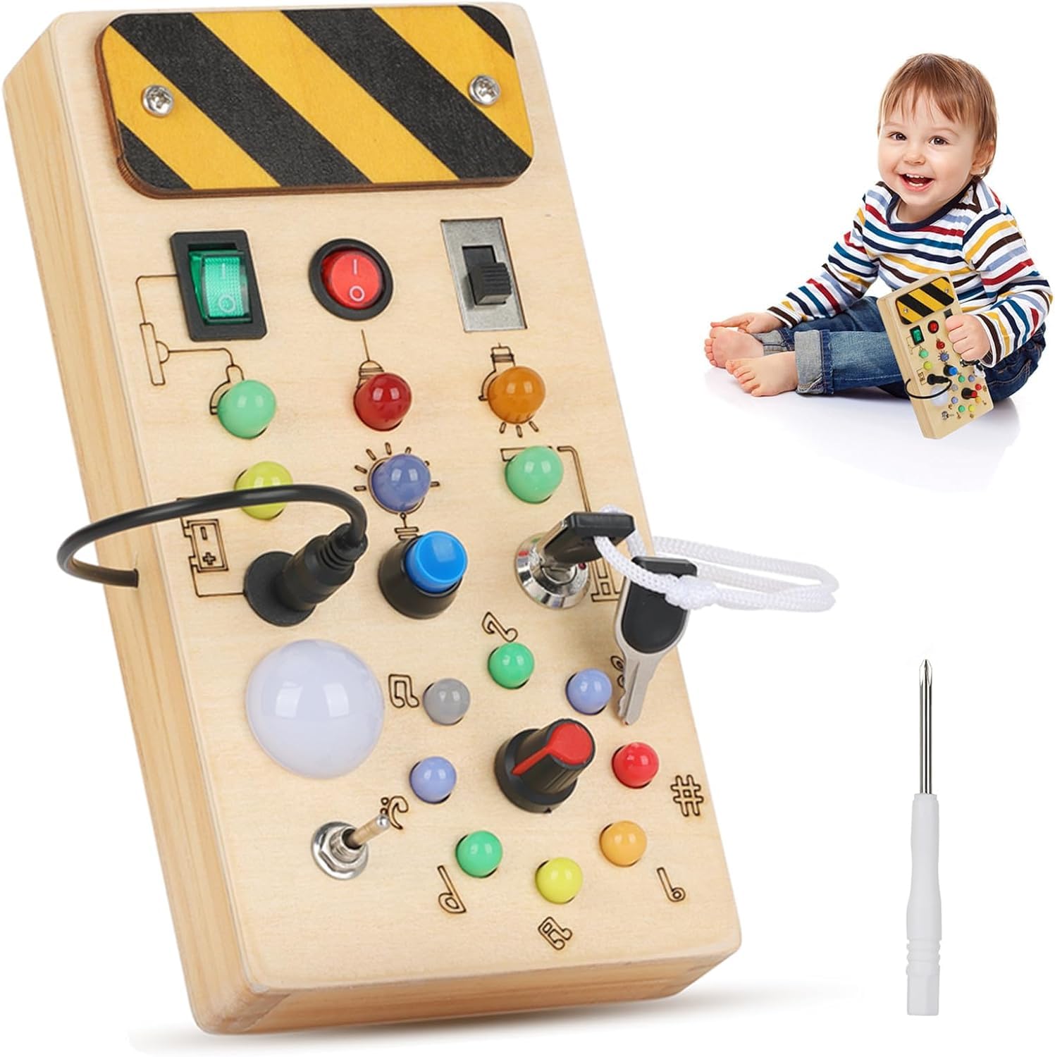 Montessori Busy Board for 1 2 3 Years Old, Wooden Sensory Board with LED Light, Activity Board Baby Educational Learning Travel Toys, Early Development Montessori Toys for Toddlers Boys and Girls