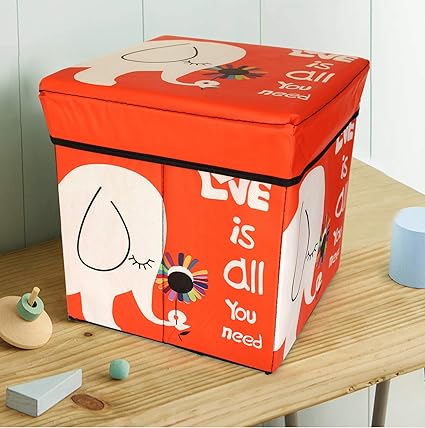 TIED RIBBONS Kids Toy Storage Box Storage Stool for Kids Under Lid Padded Seat (30 cm X 28.5 cm X 28.5 cm, Multicolor)