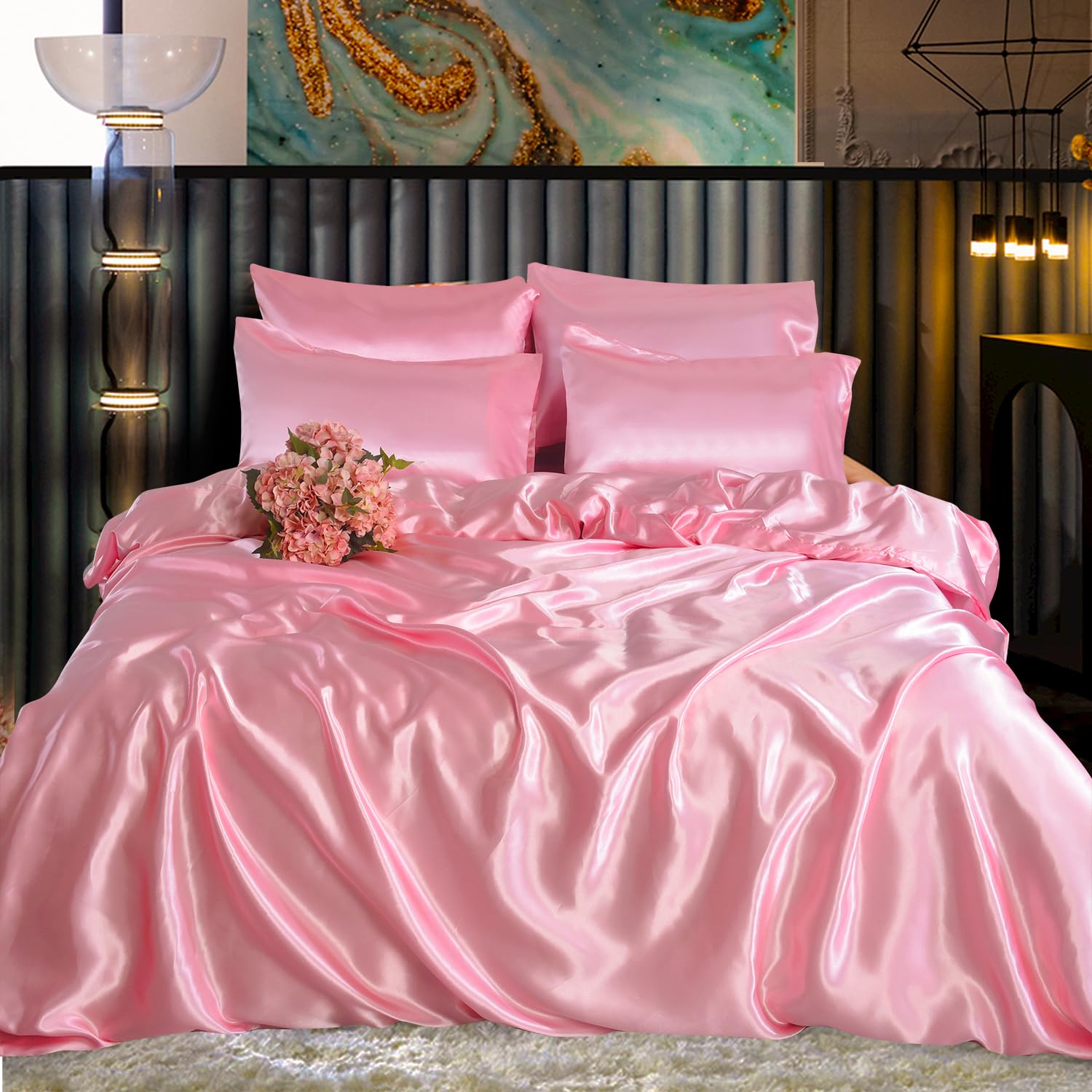 ROOEE Satin Silk Complete Bedding Set - 4 PCS - Fitted sheet, Duvet Cover, 2 Pillow Cases. Color - Baby Pink Size - Single