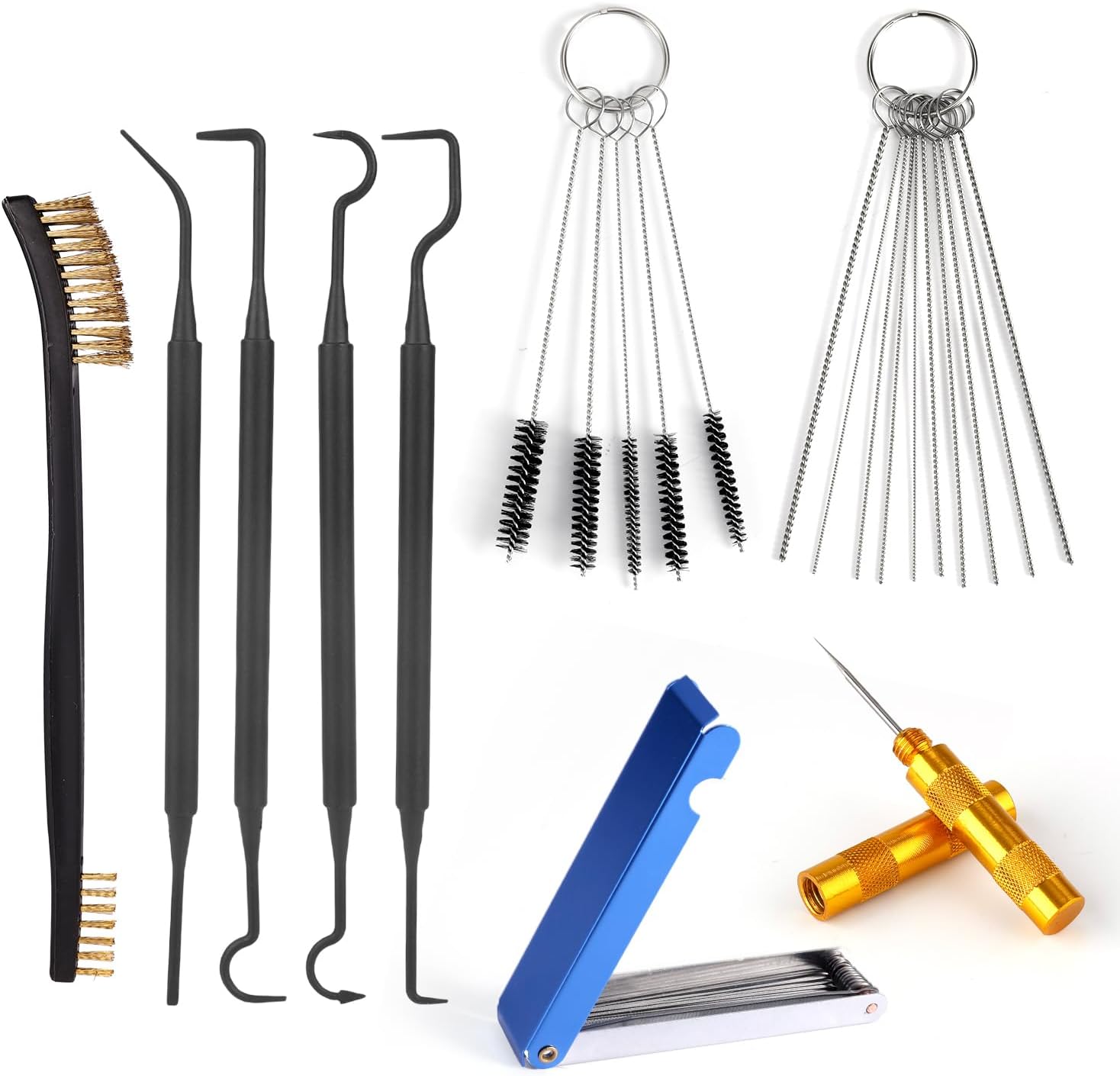 Carburetor Carb Cleaning Kit, Include 1 Double-Headed Brush,5 Nylon Brushes,1 Sharp Pick,13 Pcs Clean Wires,10 Cleaning Needles,4 Cleaner Hooks for Engine Jet Torch Tip ATV Motorcycle Welder
