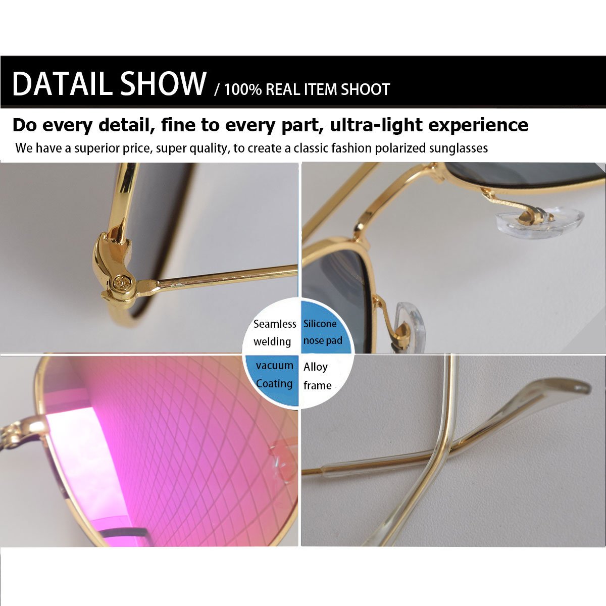 ASLNsong Aviator Sunglasses Polarized Mirrored Fishing Driving Golf(Gold Frame/Purple Lens)