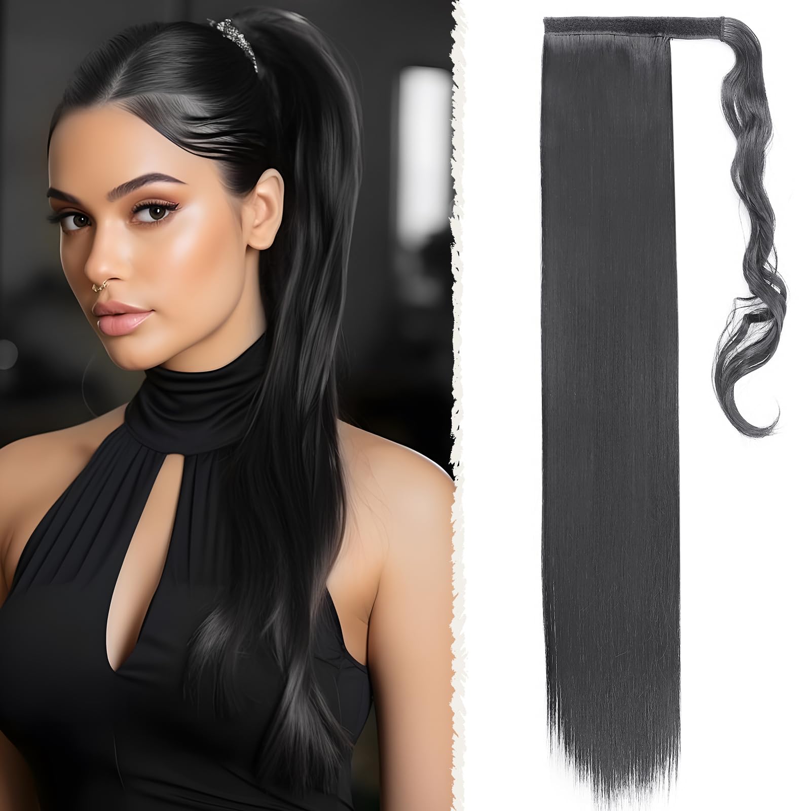 Benehair Straight Ponytail Extension 26 Inches Long Wrap Around Drawstring Ponytail Synthetic Hair Extension Ponytail Hairpieces Jet Black Hair Pieces for Women(Jet Black, 100g)