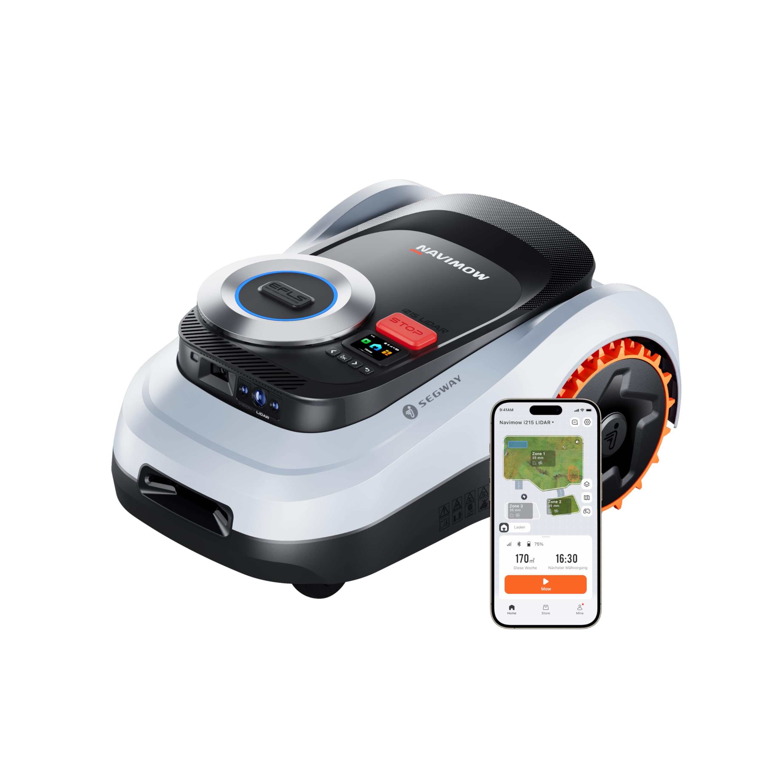 Segway Navimow i215 LiDAR mit Garage M + 4 Sätze Klingen, Mähroboter ohne Begrenzungskabel für 1500 m², bis 45% Steigung, Solid-State LiDAR + Vision, Auto-Kartierung, Ohne Antenne, Integriertes 4G