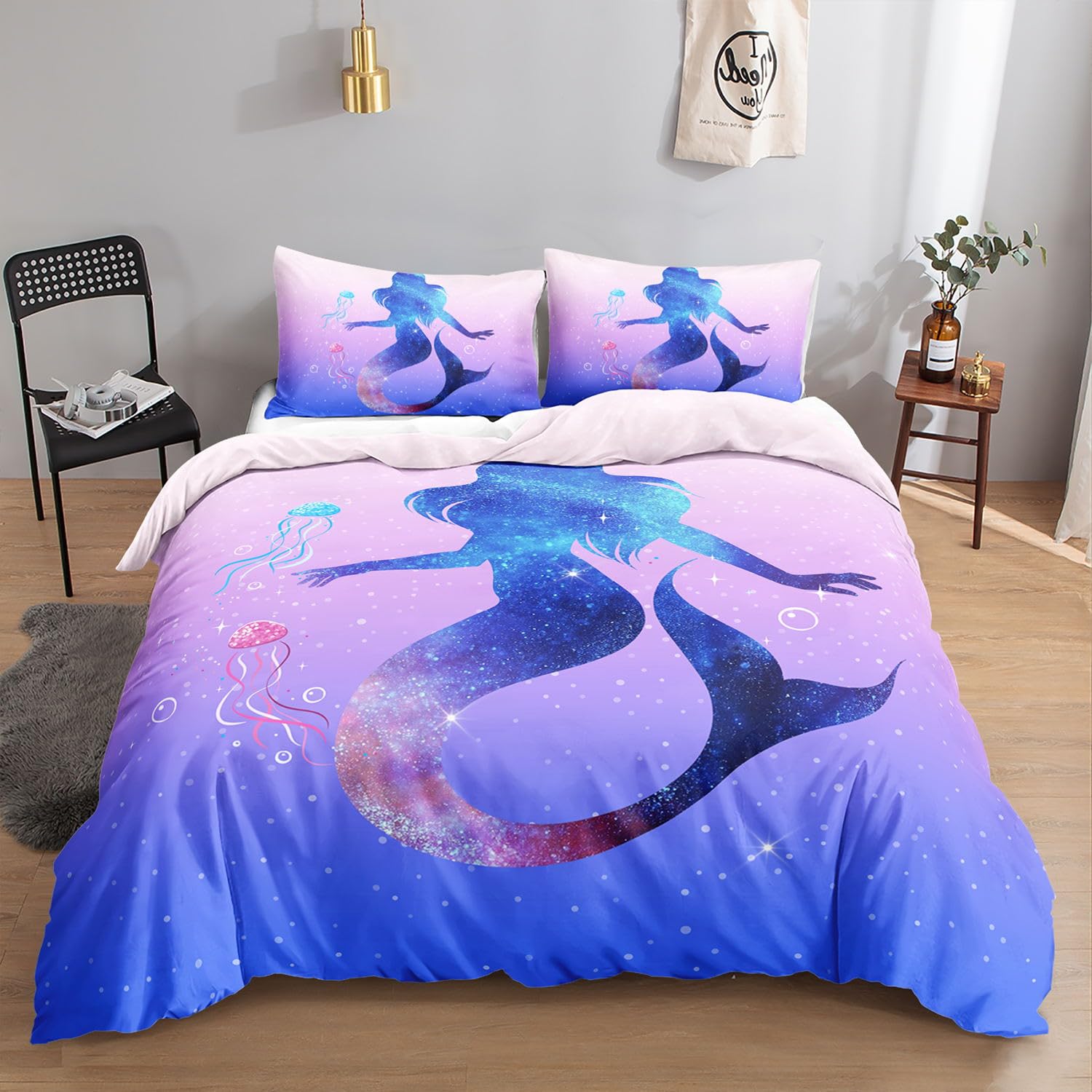 HOSIMA Mermaid Duvet Cover for Kids Boys Girls, 3-Piece Luxurious Soft Microfiber Blue Glitter Mermaid Bedding Set with Zipper, Durable Duvet Cover Set, Easy Care (Mermaid1 Single) — image 1
