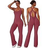 TDIFFUN Flare Workout Jumpsuits for Women One Piece Sleeveless Scrunch Butt Lifting Gym Bodysuit Sexy Backless Yoga Outfits