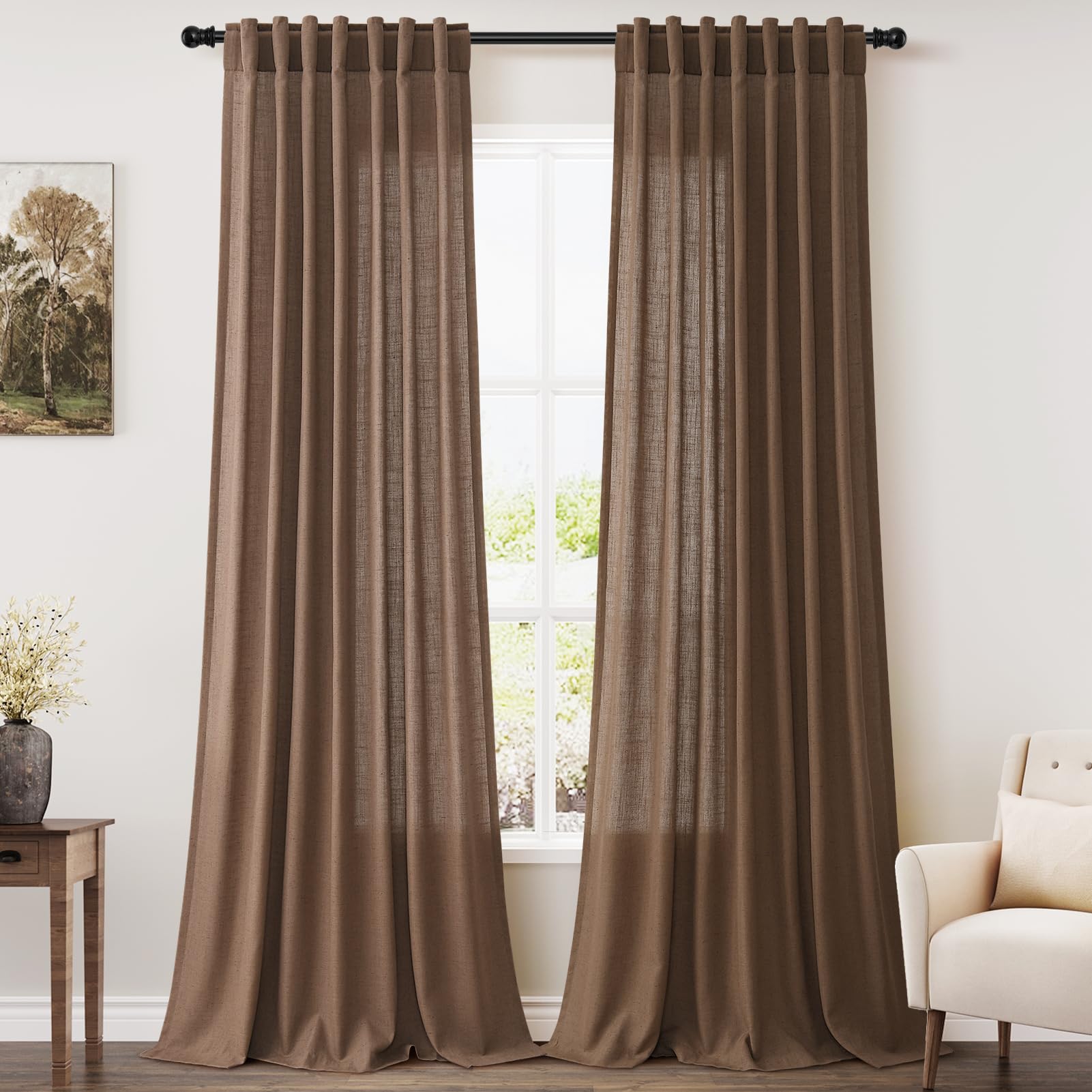 Photo 1 of Extra Long Curtains 2 Panels 102 Inches Long for Dinning Room Caramel Brown Back Tab Rod Pocket Light Filtering Semi Sheer Drapes Cotton Linen Textured Window Curtain 102 Inch Length for Bedroom