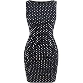 CIDER Women Sleeveless Polka Dot Mini Dress Ruched Bodycon Boat Neck Cocktail Party Dresses