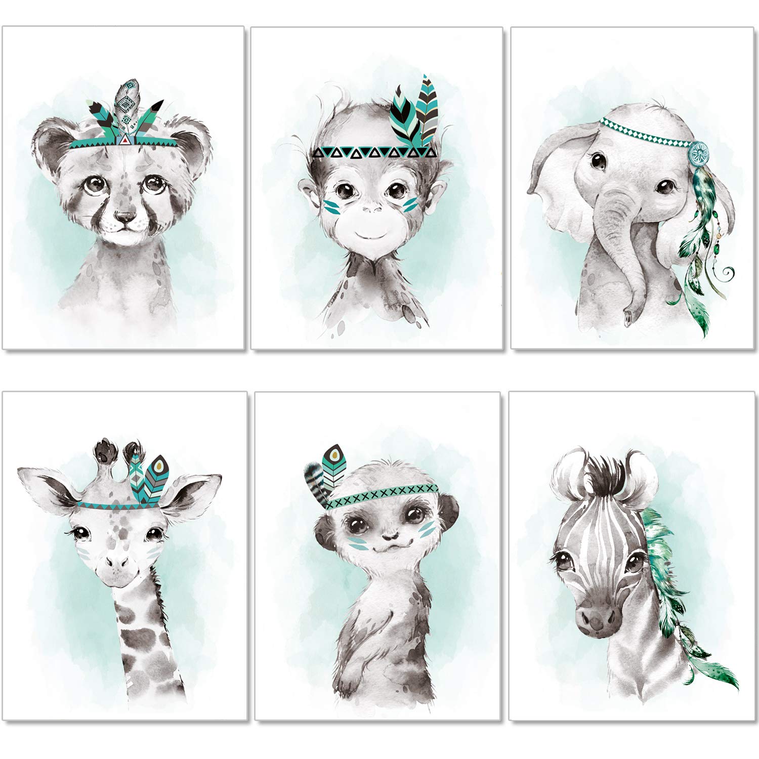 artpin® Set of 6 Pictures for Children's Room Boys Girls in Mint Grey Feather - Poster Forest Jungle Baby Room Indian Animals P62