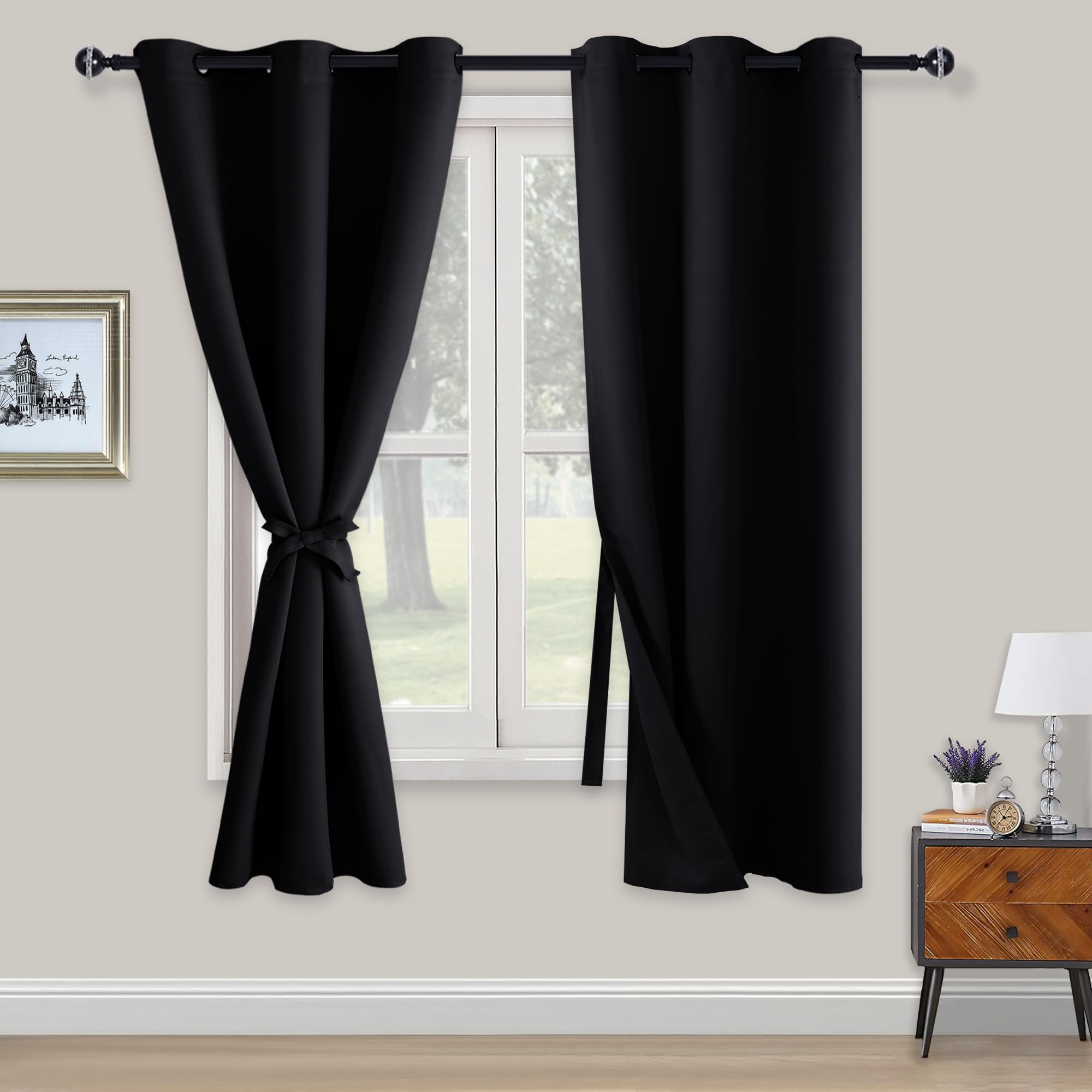 XWZO Blackout Curtains Shades Window Curtain Panels with Tiebacks- Noise Reduction and Thermal Insulated Eyelet Curtains for Bedroom,Living Room,Office,Study Room Black W46xL72