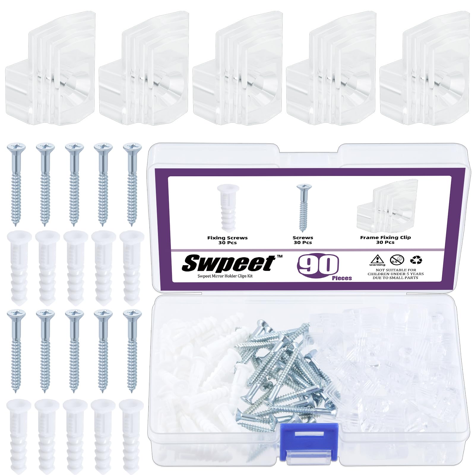 Swpeet 30 Sets Clear Plastic Mirror Holder Clips Kit with Screws, Retainer Clips Kit, Mirror Hanging kit, Clear Plastic Mirror Mounting Clips, Mirror Hanging Hardware for Fixing Cabinet Door(E Style)