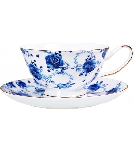 Tasse à Thé Et Soucoupe En Porcelaine - Motif Floral Bord Doré - Capacité 180 Ml - Cadeau élégant Pour Maison Ou Bureau