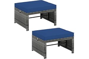 CHEFJOY Outdoor Ottomans, Set of 2 PE Rattan Foot Stool w/Soft Zippered Cushions, Multipurpose Patio Ottomans, Outdoor Furniture for Backyard, Additional Seating, Footrest, Side Table (Navy)