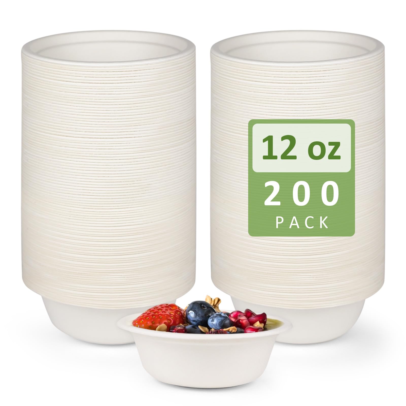 Photo 1 of Heavy Duty Paper Bowls - 200 Pack, 12 oz, Eco-Friendly, Made of Natural Bagasse, Ideal for Hot Soup, Cereals, Milk, Salad, Dessert