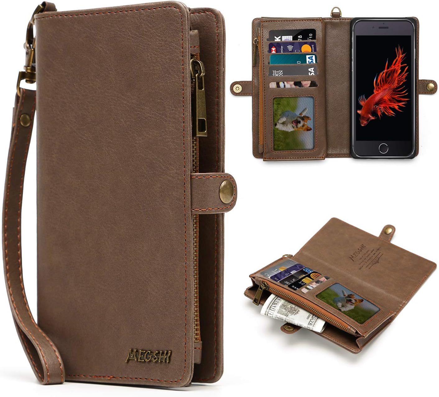 MEGSHI Multifunctional Wallet for iPhone 6S Plus / 6 Plus, Zipper Wallet Case, Handbag with Detachable Magnetic Back Cover, Leather Case with Credit Card Slot (Brown)