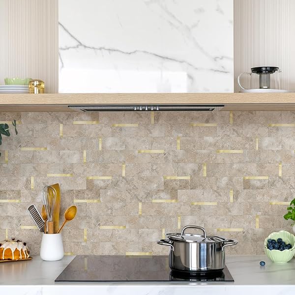 OYASIMI 20 SHEET PEEL AND STICK BACKSPLASH TILE,BEIGE STONE MIXED METAL PVC MIXED METAL STICK ON BACKSPLASH WALL TILES FOR KITCHEN, BATHROOM, LAUNDRY ROOM