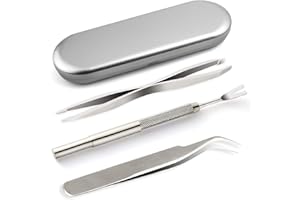 FEPITO 4 Pcs Stainless Steel Tick Remover Tool Set Pet Dogs Cats Ticks Remover Kit Including 1 PCS Tick Removal Tweezers 1 PC