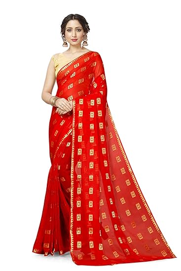 Divaastha Womens Georgette Chiffon Blend Checkered Saree with Blouse Piece (Red )