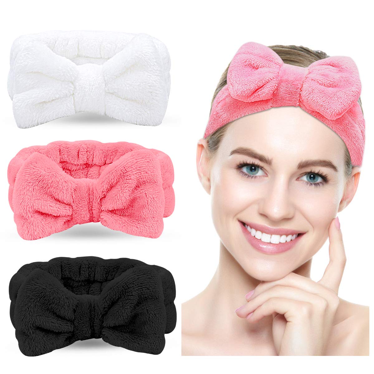 Spa Headband - 3 Pack Bow Hair Band Women Facial Makeup Head Band Soft Coral Fleece Head Wraps For Shower Washing Face