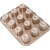 LIFVCNT 12-Cavity Canele Mold, Non-Stick Carbon Steel Baking Cake Pan, Dishwasher Safe, Gold
