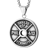 Mens Stainless Steel Philippians 4:13 Pendant Necklace, Shields of Strength Weight Plate Medallion