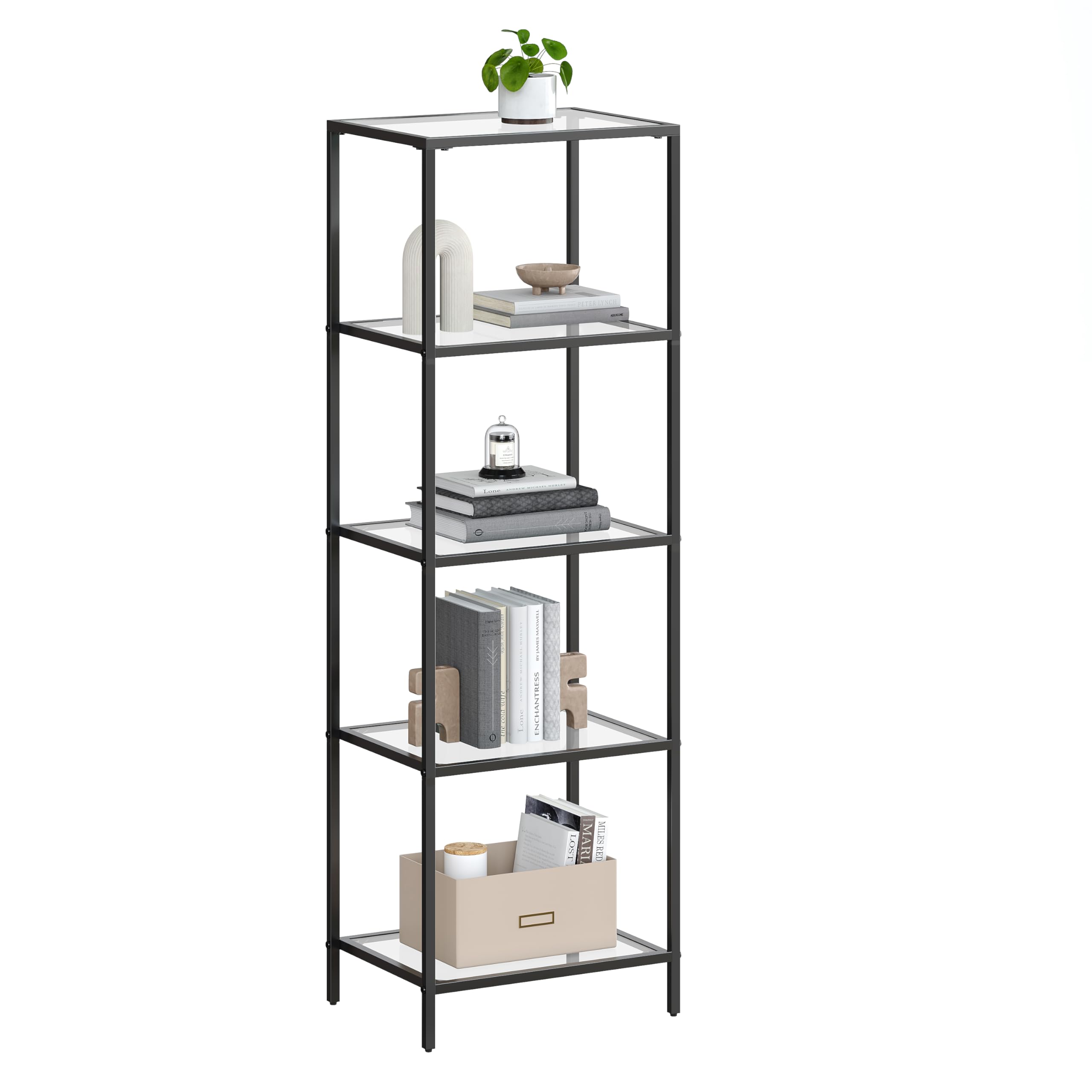 VASAGLE Bookcase, 5-Tier Bookshelf, Slim Shelving Unit for Bedroom, Bathroom, Home Office, Tempered Glass, Steel Frame, Ink Black ULGT029B61 Image VASAGLE Bookcase, 5-Tier Bookshelf, Slim Shelving Unit for Bedroom, Bathroom, Home Office, Tempered Glass, Steel Frame, Ink Black ULGT029B61 Image