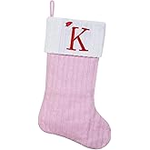 Shgngle Pink Knit Christmas Stockings Personalized, 19.5 Inches Embroidered Letter Christmas Stocking for Holiday Decorations and Xmas Gift(Initial K)