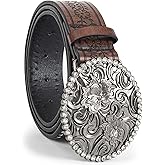IZUS Women Western Rhinestone-Cowgirl Belts - PU-Leather Brown Floral Embossed Cowboy Belt Country Waist for Jeans