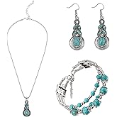 Yowivon Western Jewelry for Women Bohemian Turquoise Jewelry Set Vintage Leather Navajo Pearl Necklace Layer Necklaces Earrings Bracelets Boho Knuckle Rings