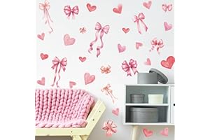 PARTYGARDEN Pink Bow and Heart Wall Decals - 6 Sheets 82 Pcs Bow Knot Wall Stickers Watercolor Bow Heart Peel and Stick Wall Stickers for Girls Room Nursery Bedroom Valentine's Day Décor
