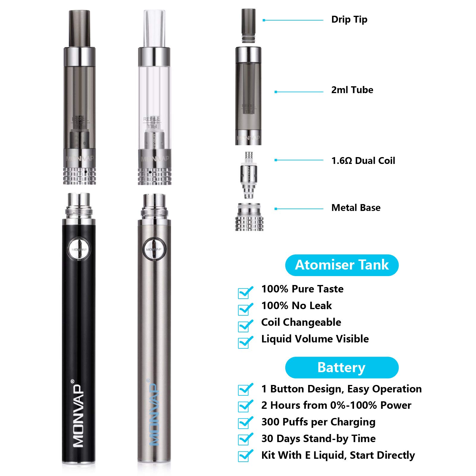 Vape Pen Kit, E Cigarettes Starter Kit, Micro USB Recharge Vape Pen x 2, MONVAP M2 Complete Ecigs Set, 900mAh Recharge Battery, 1.6ohm/2ml Atomizer, Double Pen with Premium Vape Liquid, No Nicotine