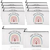 Chunful 10 Pieces Inspirational Canvas Makeup Bags for Women Graduation Gift Rainbow Canvas Cosmetic Bags Bulk with Zipper Friendship Gift Travel Toiletry Pouch(Awesome)