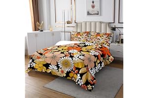 Erosebridal Vintage 60S 70S Groovy Floral Quilt Set Queen,Retro Hippie Flowers Bedspread Set Boho Psychedelic Style Coverlet Set Natural Garden Botanical Bed Cover Aesthetic Room Decor for Teen Girls