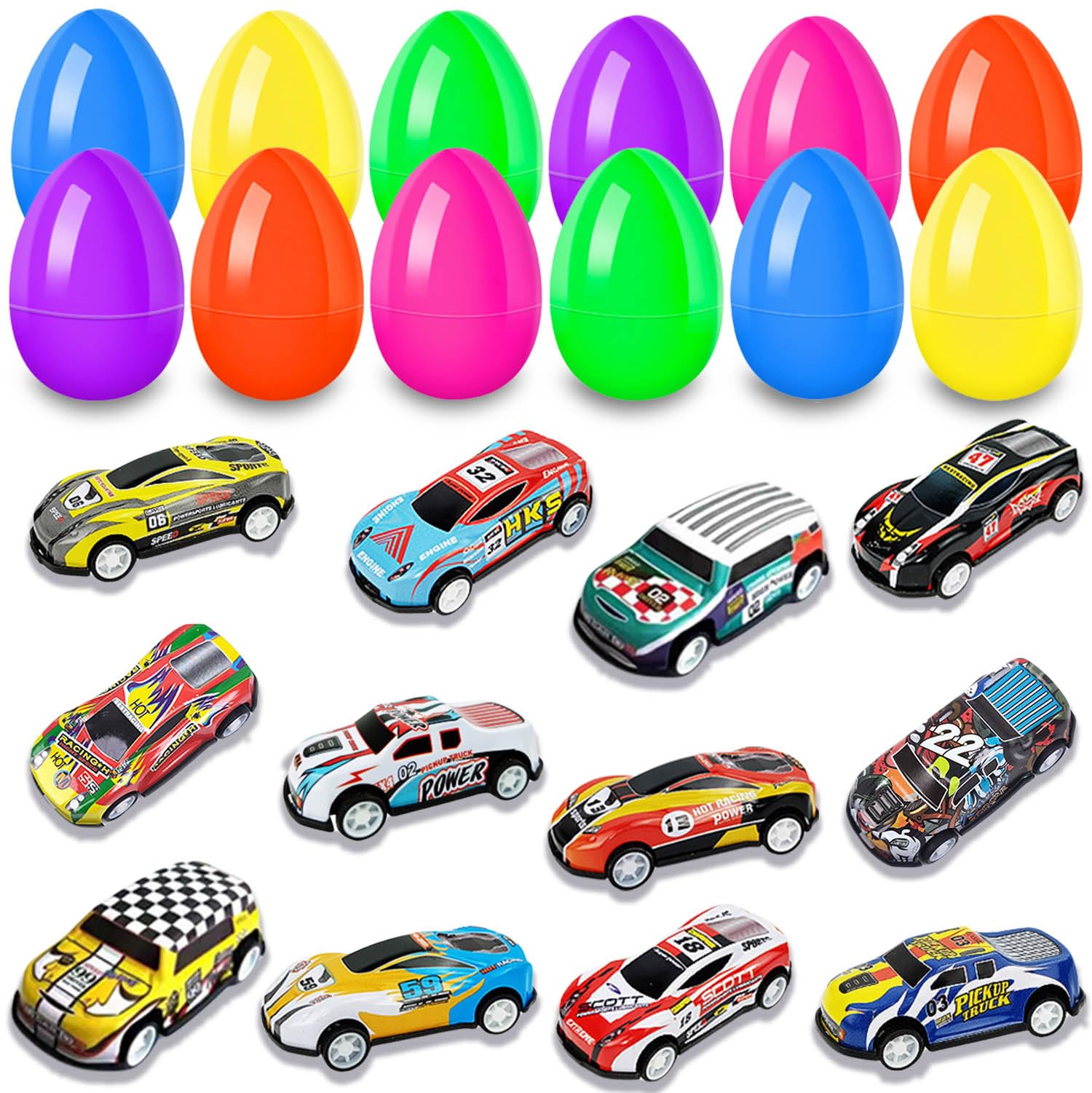 ricluck 12 Pack Prefilled Easter Eggs with Cars Toys Inside, Easter Eggs Filled Alloy Pull Back Racing Cars for Kids Easter Basket Stuffers Gifts Easter Egg Hunt Party Favors Supplies