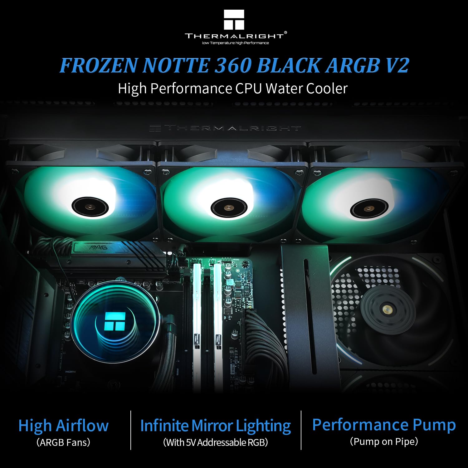 Thermalright Frozen Notte 360 Black ARGB V2 Water Cooling CPU Cooler, 360 Black CPU Cooler Specifications, 3×120mm PWM Fans, S-FDB Bearings, Suitable for AMD/AM4, Intel LGA 1700/1150/1151/1200/2011