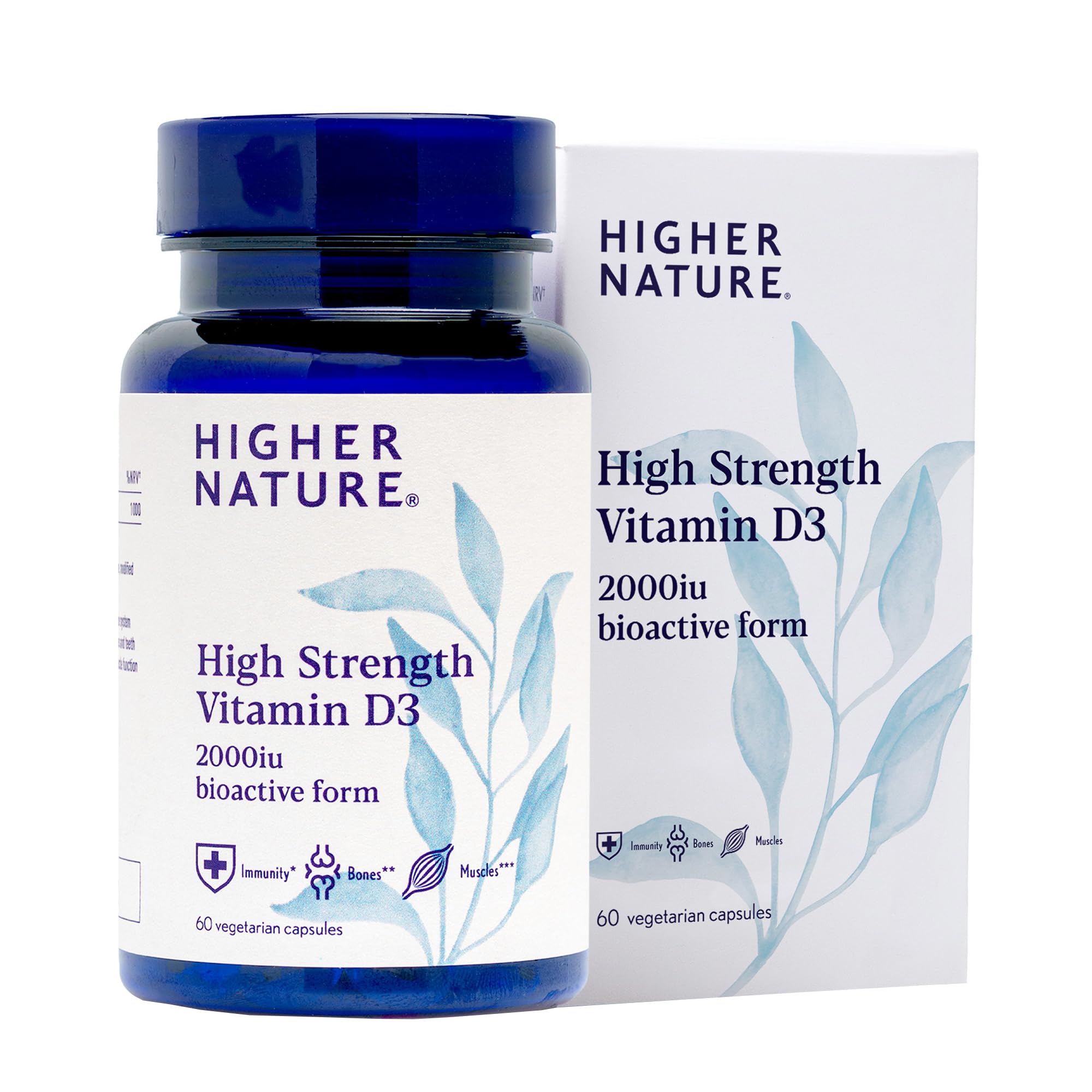 Higher Nature - High Strength - Vitamin D3 2000iu - Immune System Support - Bone & Muscle Support - Vegetarian Friendly - 60 Capsules