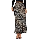 Women's Satin Maxi Skirt High Waisted Elastic Waistband Silk A-Line Casual Party Leopard Print Long Skirts for Women