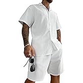 GORGLITTER Men's Beach Linen Outfits 2 Piece Sets Summer Vacation Short Sleeve Button Down Shirt and Shorts Set
