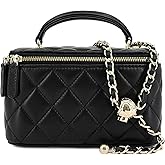 M-ioi-M Small Genuine Leather Purse Quilted Crossbody Bag for Women, Mini Top-Handle Shoulder Handbag w/Gold Chain Strap