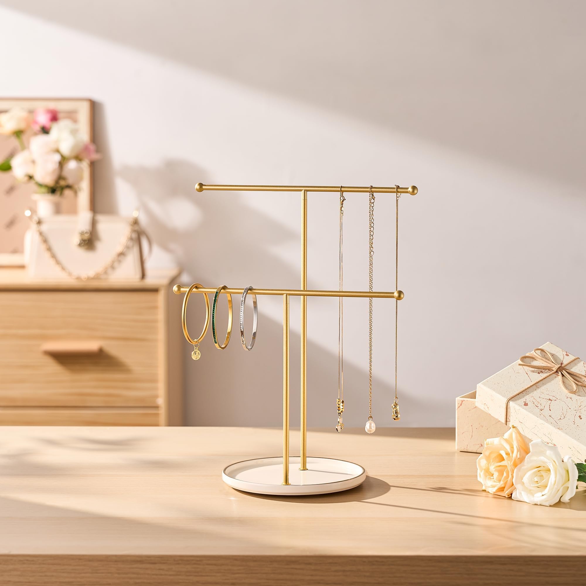 Josmimic Gold Jewelry Holder Stand with Ceramic Tray: Small Hanging Necklace Organizer Tree for Earrings, Bracelets, Rings – Jewelry Display Hanger for Women & Girls, White