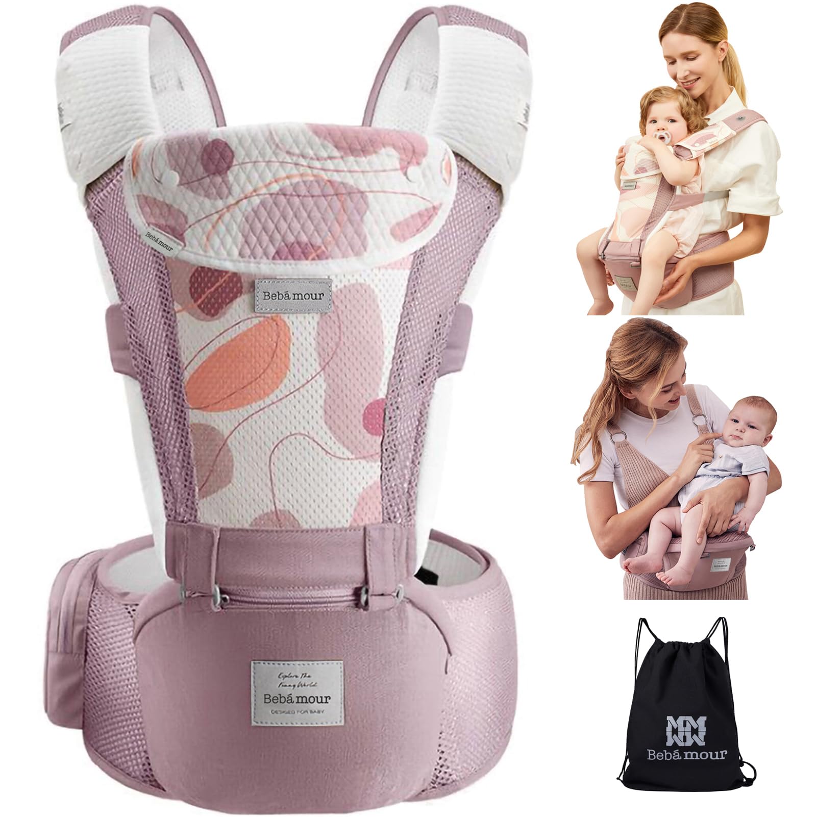 Bebamour Baby Carrier Newborn to Toddler Baby Carrier Hipseat 0-36Months with Head Hood, 3 PCS Teething Pads, Waist Extender, Pink