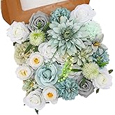 Floweroyal Artificial Flowers Combo Teal Blue Flowers Mix Silk Flowers Dahlia Roses with Stems for DIY Wedding Bridal Bouquets, Baby Shower, Floral Arrangement, Table Centerpieces, Home Decorations.