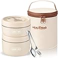 Dandat 2 Pcs Insulated Lunch Containers Thermal Bento Box with Bag Fork Knife Microwavable Stainless Steel Lunch Box 15.2 oz 