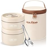 Dandat 2 Pcs Insulated Lunch Containers Thermal Bento Box with Bag Fork Knife Microwavable Stainless Steel Lunch Box 15.2 oz 