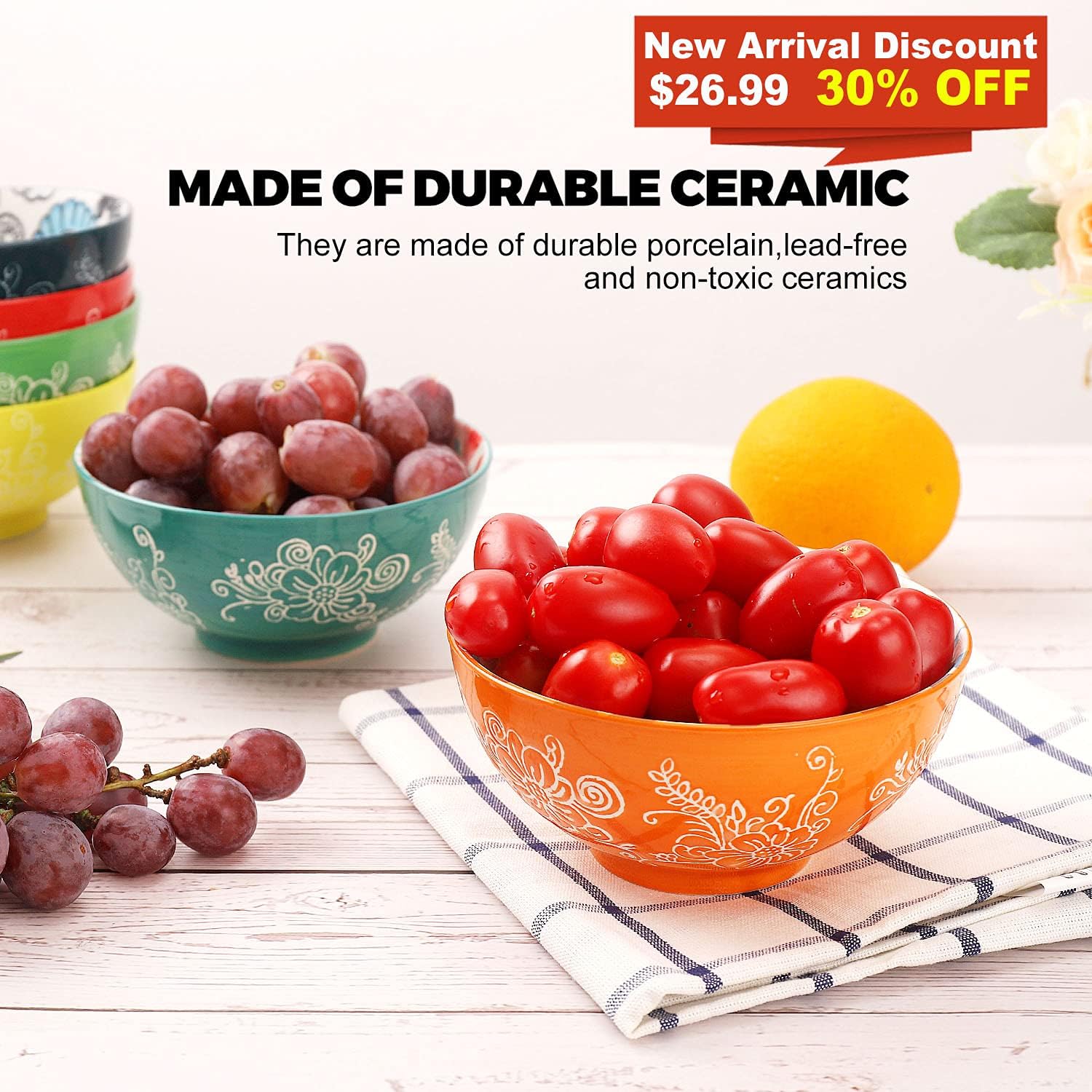 DeeCoo Porcelain Bowls Set (18-Ounce, 6-Piece) - Bowls for Cereal, Soup, Salad, Pasta, Fruit, Ice Cream Bowls Service - Microwave and Dishwasher Safe, Assorted Designs: Kitchen & Dining